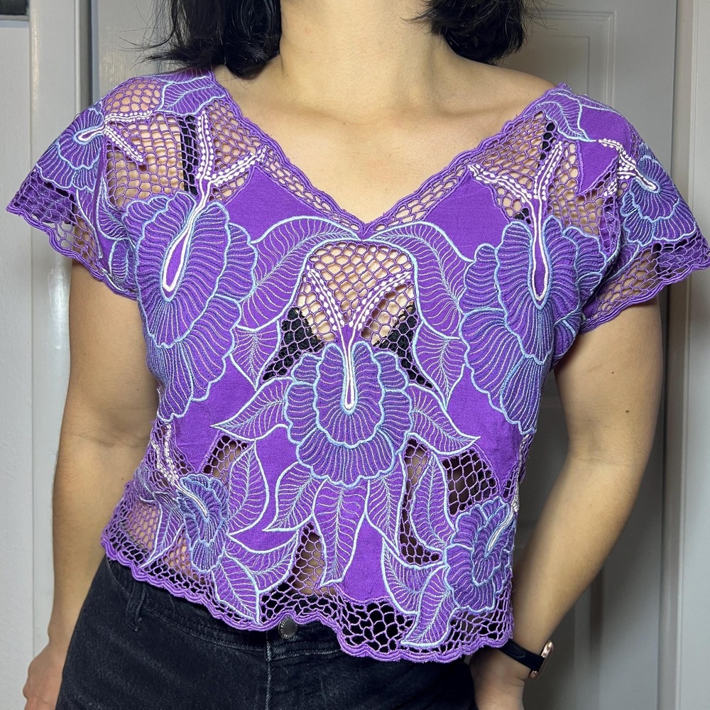 Vintage bohemian 70s lace crop top‎ summer floral purple festival market shirt